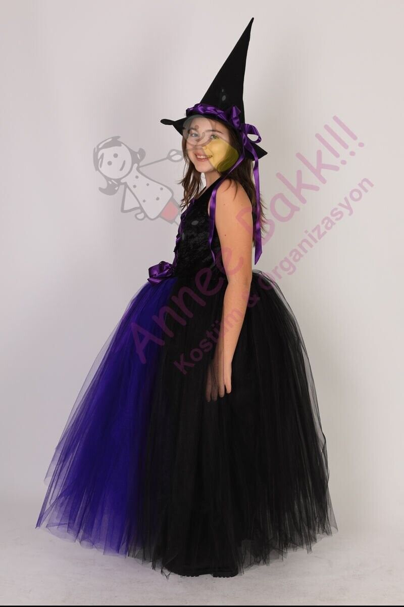 Mor Tüllü Kız Çocuk Cadı Kostümü, Cadılar Bayramı Çocuk Cadı Kostümleri