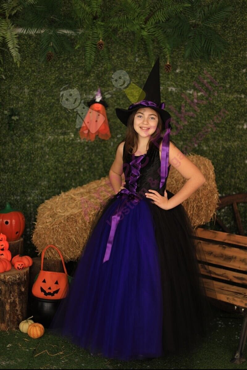 Mor Tüllü Kız Çocuk Cadı Kostümü, Cadılar Bayramı Çocuk Cadı Kostümleri