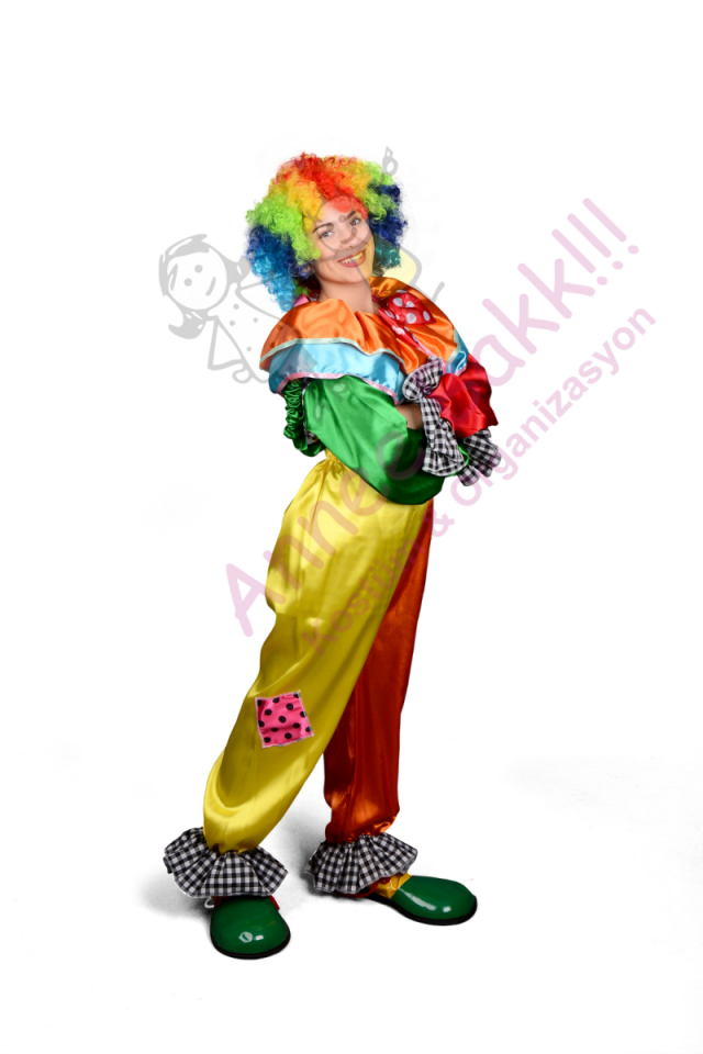 Askılı Alt - Üst Palyaço Kostüm, Yetişkin Palyaço Kıyafeti