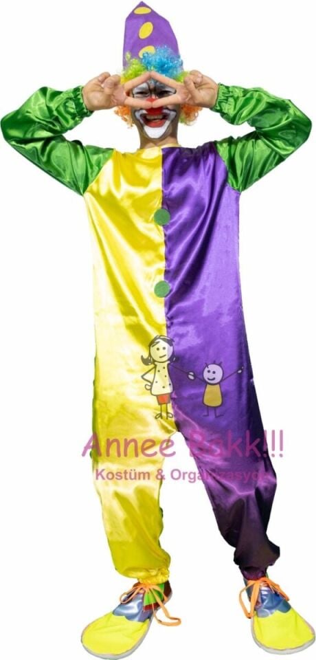 Kukuleta Şapkalı Palyaço Tulum, Yetişkin Palyaço Kostümü, Hızlı Kargo