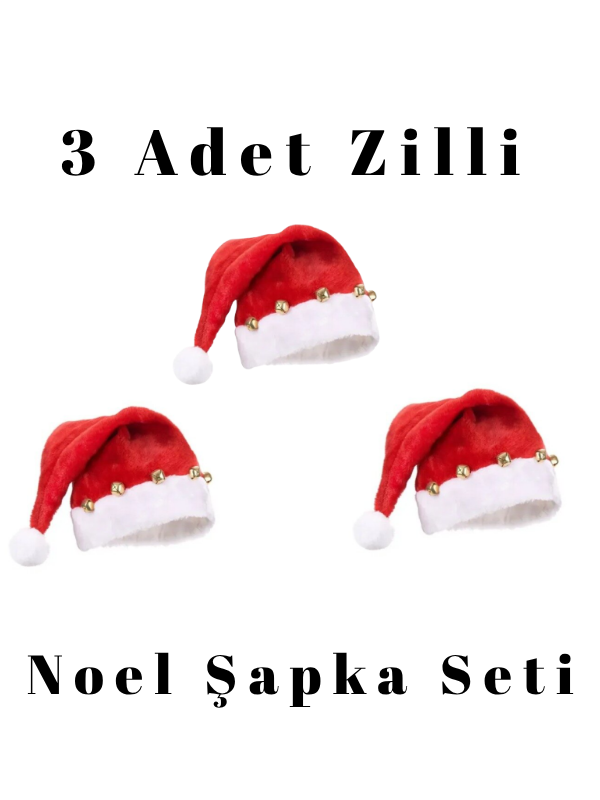 3'lü Set Zilli Noel Baba Şapkası, Noel Baba Kostüm Aksesuarları