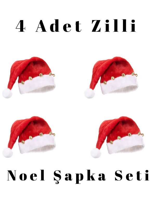 4'lü Set Zilli Noel Baba Şapkası, Noel Baba Kostüm Aksesuarları
