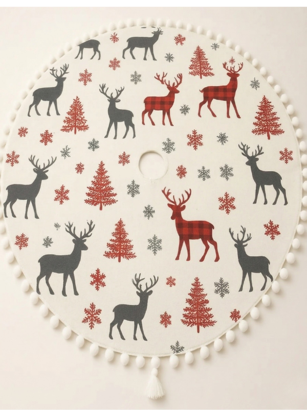 Beyaz Ponponlu, Kurdele Bağlamalı Yılbaşı Ağacı Altlığı, Baskılı Kumaş (90 cm Çap)
