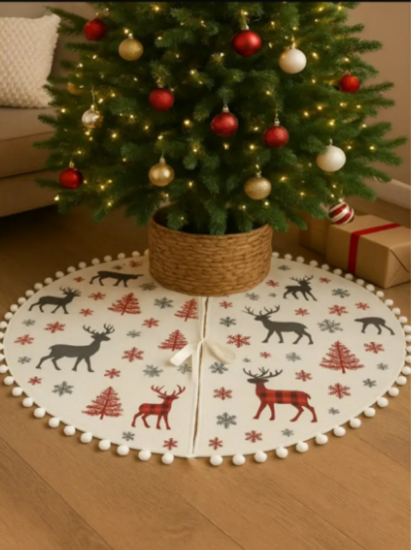 Beyaz Ponponlu, Kurdele Bağlamalı Yılbaşı Ağacı Altlığı, Baskılı Kumaş (90 cm Çap)