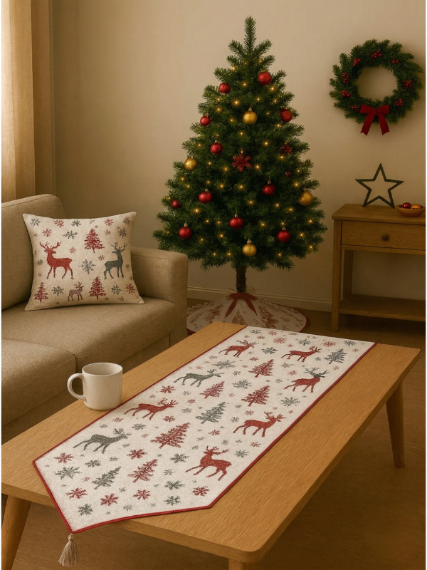 Geyik & Çam Ağacı Motif Yastık Kılıfı ve Runner, Yeni Yıl Aksesuarları