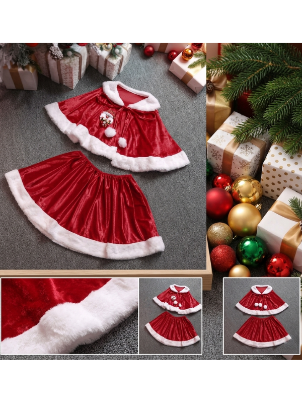 Çocuk Noel Anne Etek-Pelerin Set, Yeni Yıl Noel Anne Kostüm