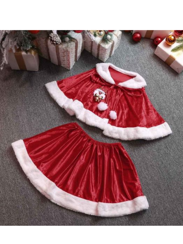 Çocuk Noel Anne Etek-Pelerin Set, Yeni Yıl Noel Anne Kostüm