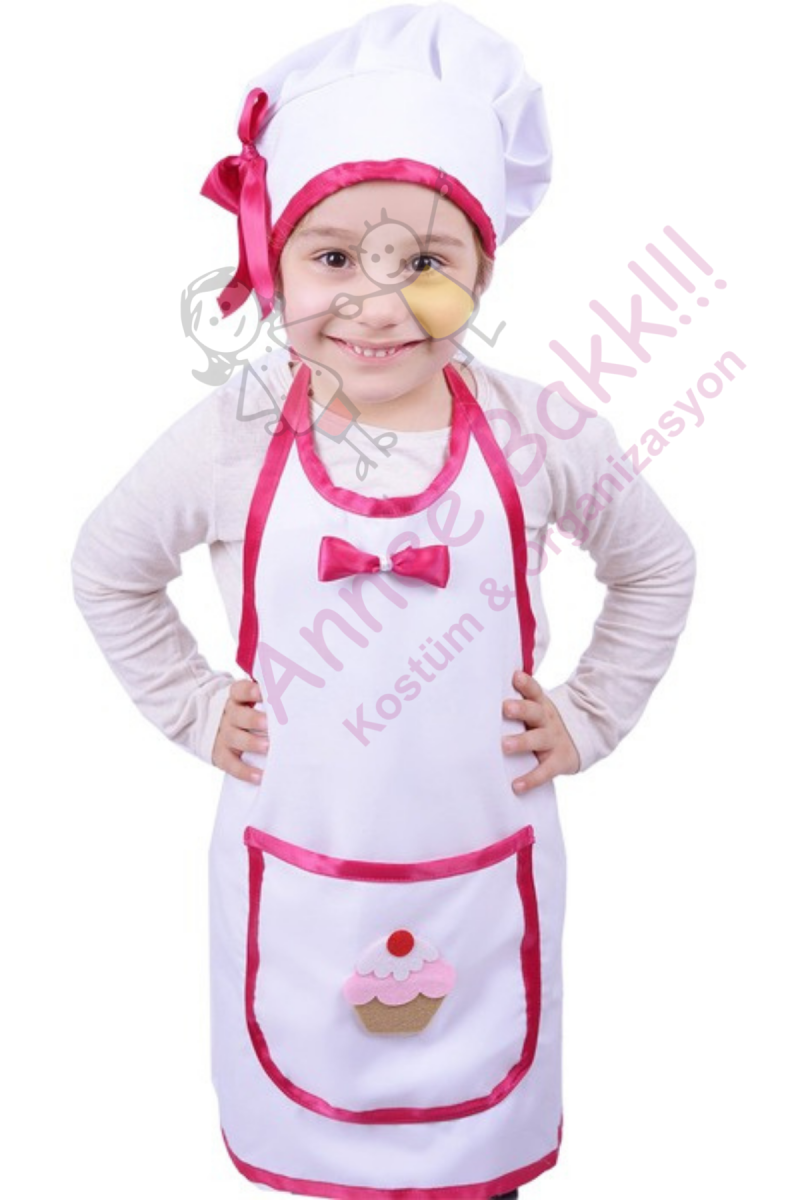 Pembe Renk Çocuk Aşçı Önlüğü, Aşçı Çocuk Kostümü, Çocuk Meslek Kostümleri