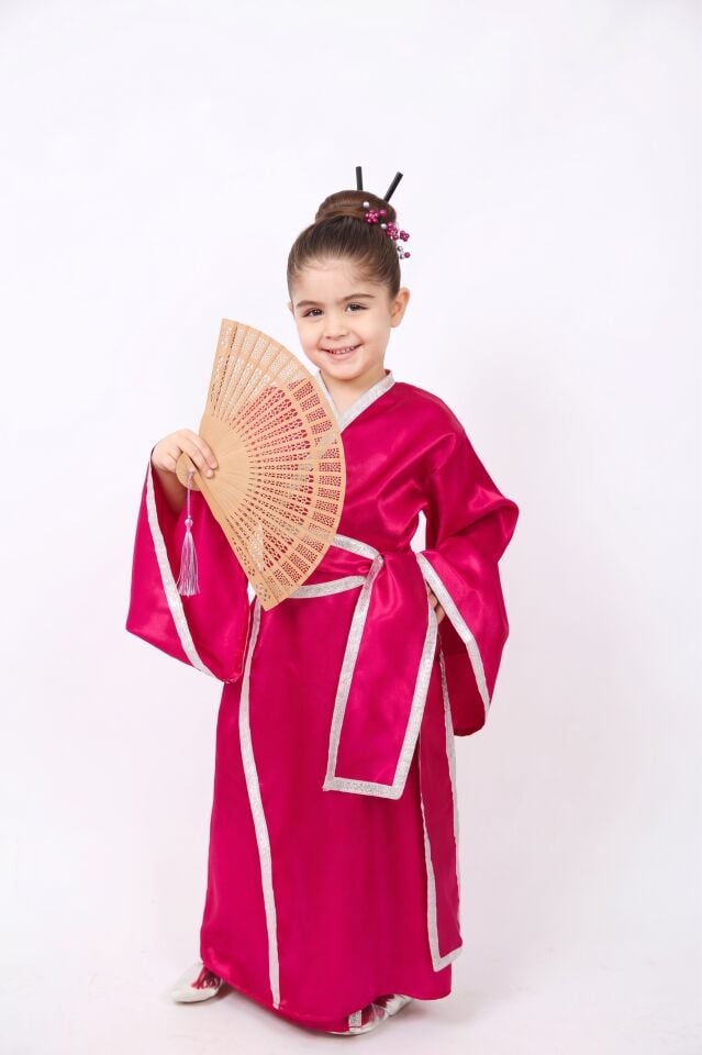 Japon Kimono Kostümü,  Fuşya Japonya Kız Çocuk Kostümü