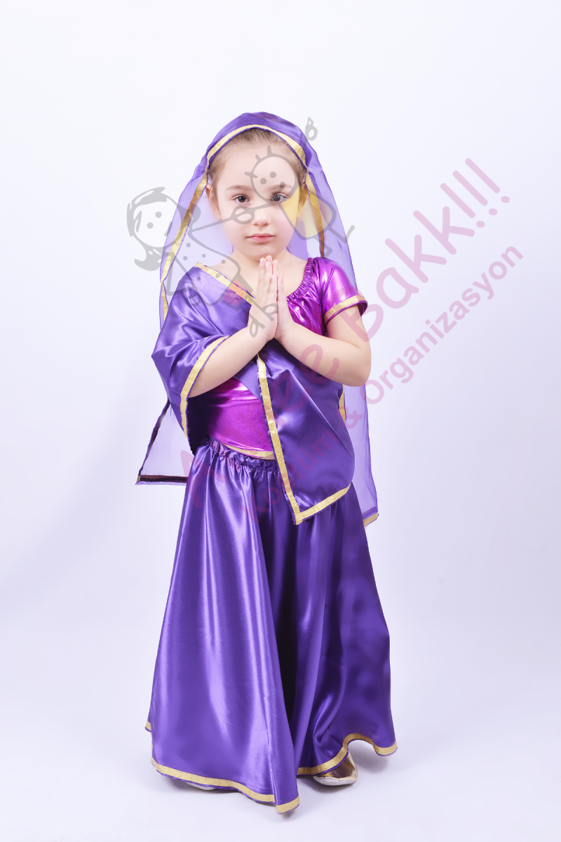 Mor Renk Hintli Kız Çocuk Kostümü, Hindistan Temalı Kız Kıyafeti