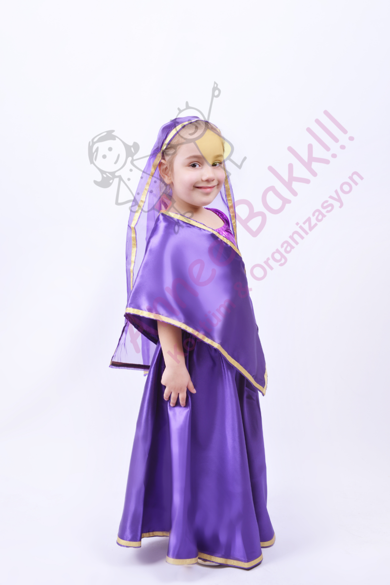 Mor Renk Hintli Kız Çocuk Kostümü, Hindistan Temalı Kız Kıyafeti