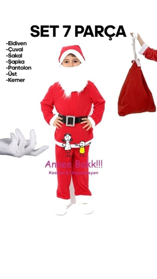 Polar Kumaş 7 Parça Noel Baba Çocuk Kostümü
