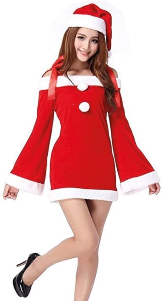 Mini Model Noel Anne Kostümü, Yetişkinlere Özel Mini Model Kadife Kumaş Noel Anne Kostümü