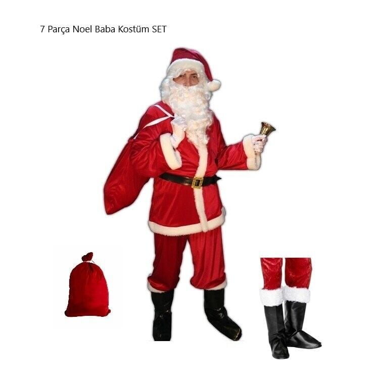 Noel Baba Kostüm Seti, Lüx Kadife Kumaş Yeni Yıl Kostümü (7 Parça Set)