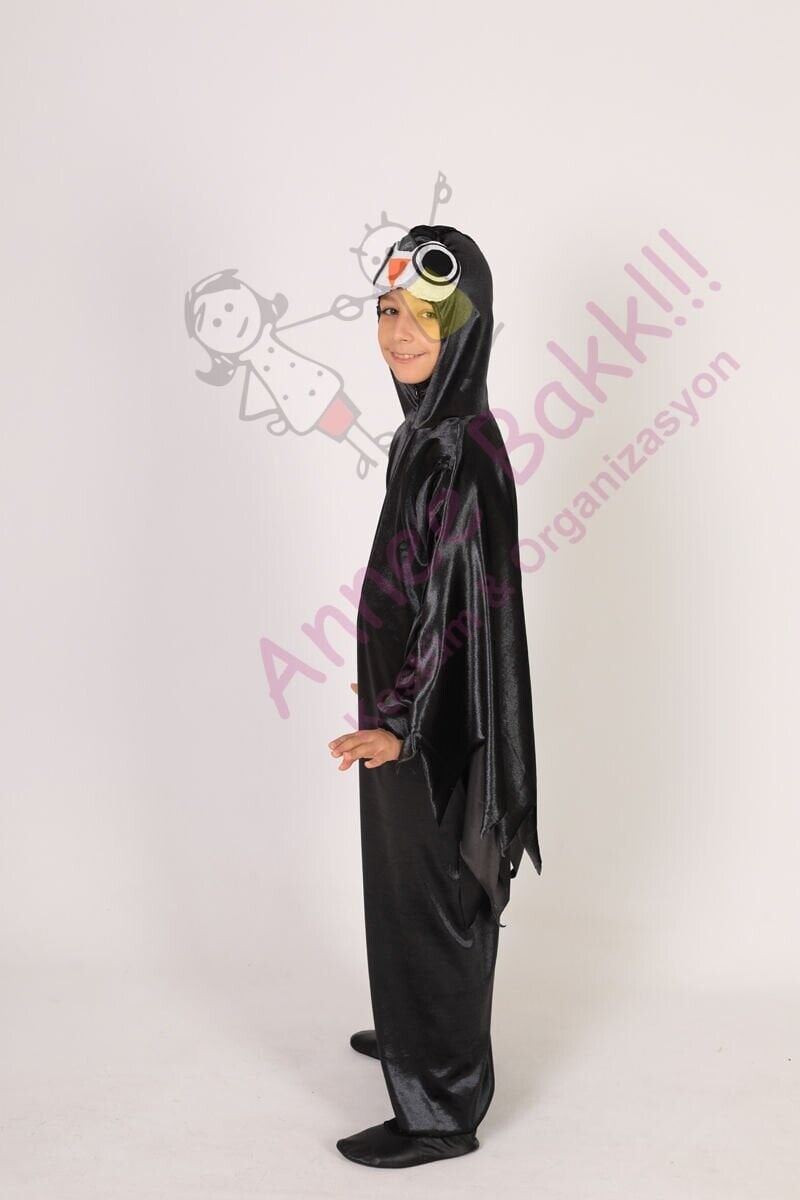 Kadife Kumaş Baykuş Kostümü, Çocuk Baykuş Kostümü, Siyah Renk Baykuş Çocuk Kıyafeti