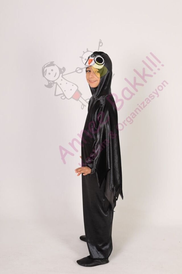 Kadife Kumaş Baykuş Kostümü, Çocuk Baykuş Kostümü, Siyah Renk Baykuş Çocuk Kıyafeti