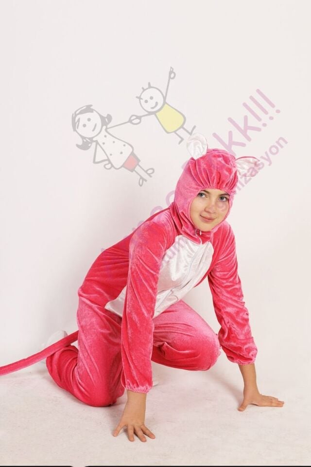 Pembe Panter Kostümü Çocuk, Kadife Kumaş Pembe Panter Çocuk Kostümü