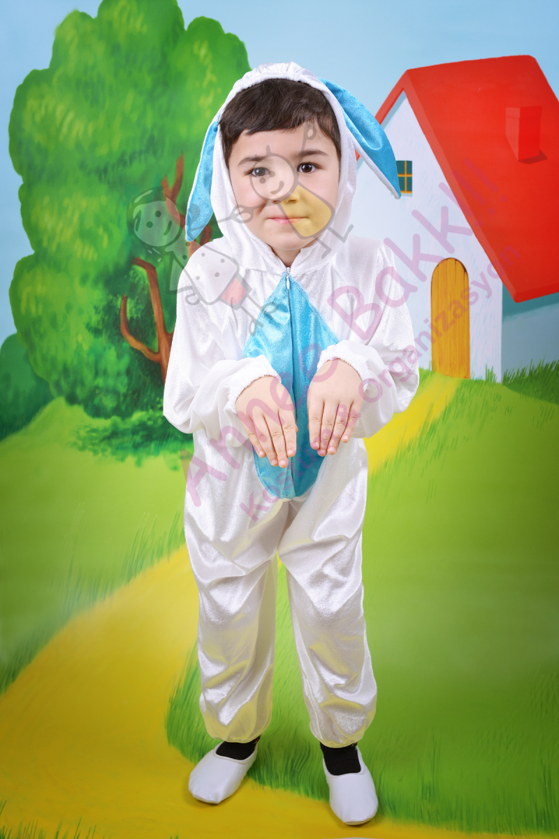 Kadife Kumaş Tavşan Çocuk Kostümü, Mavi Renk Tavşan Çocuk Kostümü