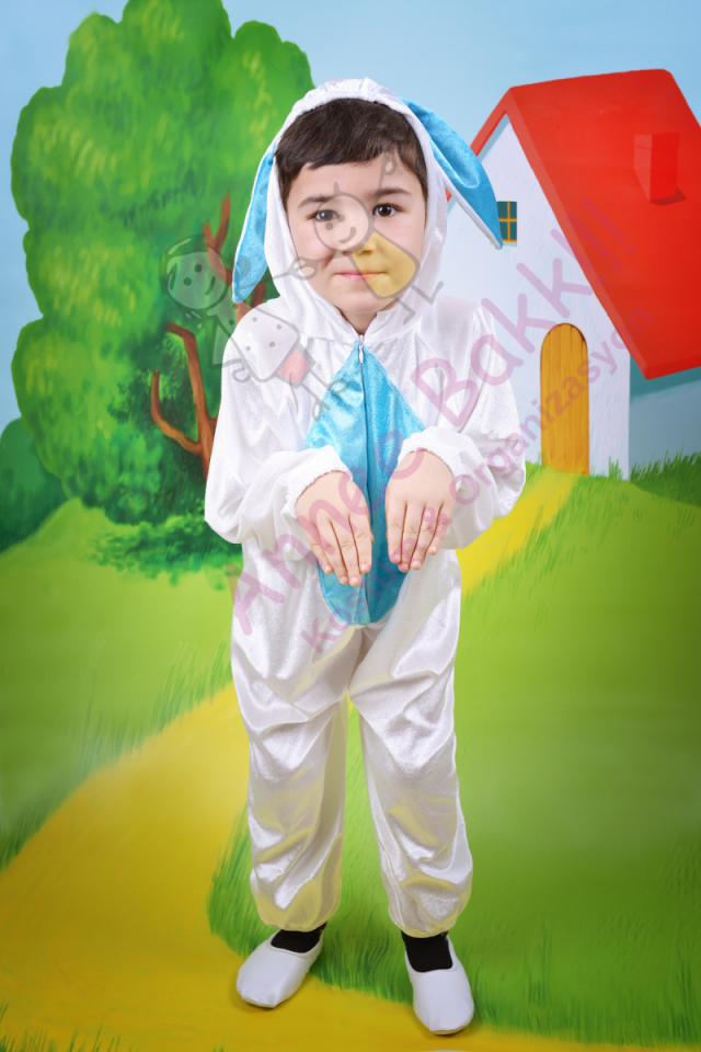 Kadife Kumaş Tavşan Çocuk Kostümü, Mavi Renk Tavşan Çocuk Kostümü