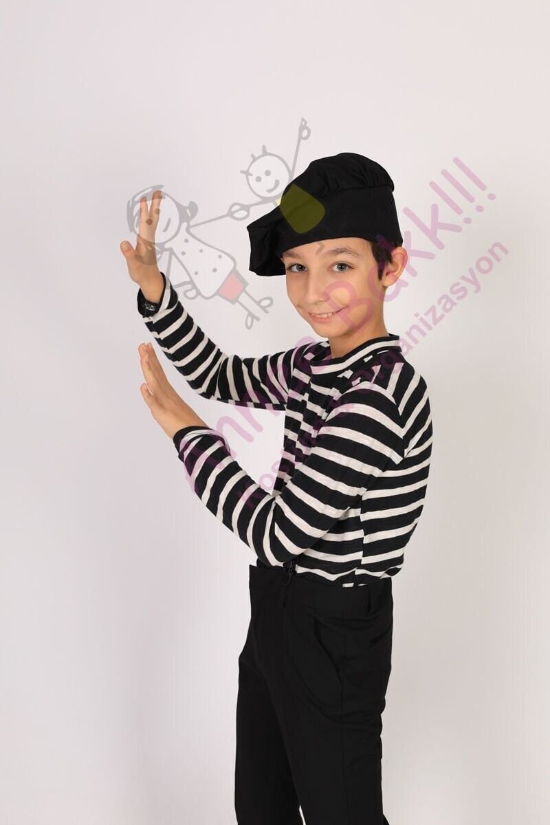 Pandomim Erkek Tişörtü ve Şapka Set, Pandomim Gösterisi Kostüm Seti