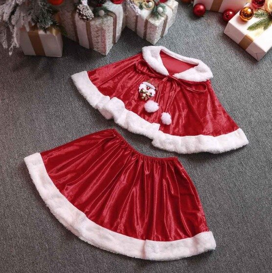 Kadife Kumaş Noel Anne Pelerin Etek Set, Noel Anne Kostümleri, Yeni Yıl Kostümleri - 1