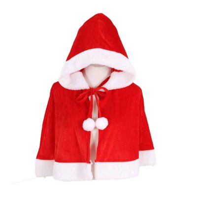 Kapüşonlu Ponpon Detay Noel Çocuk Pelerini, Kadife Tüylü Kumaş Noel Pelerini ( 70 Cm ) - AnneeBakk