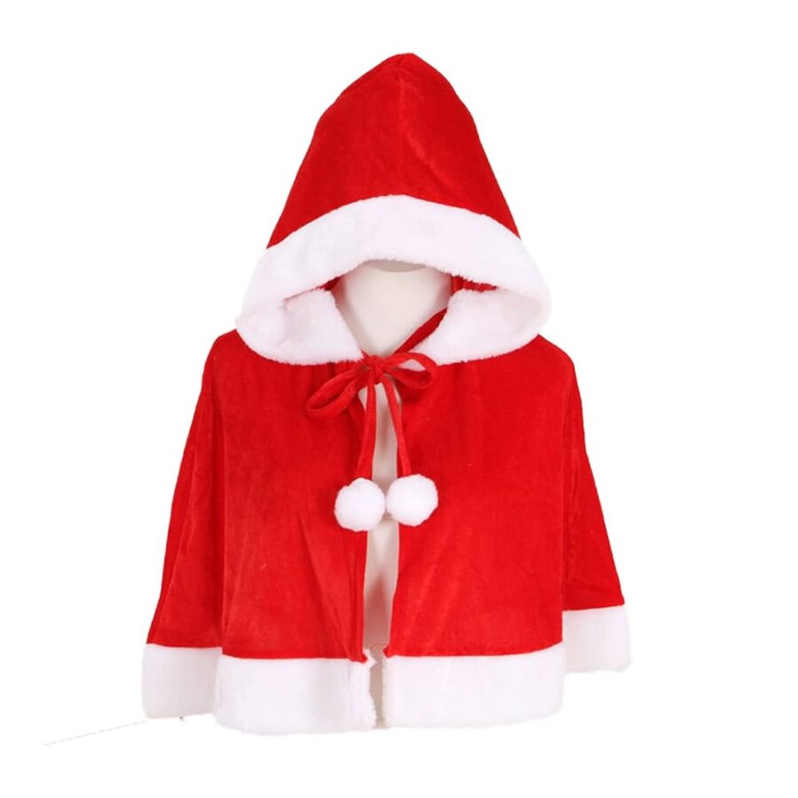 Kapüşonlu Ponpon Detay Noel Çocuk Pelerini, Kadife Tüylü Kumaş Noel Pelerini ( 70 Cm ) - 1