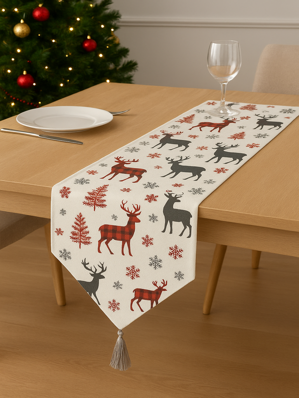 Yılbaşı Temalı Alpaka Kumaş Masa Runner, Geyik ve Çam Ağacı Motifli Masa Süsü (135 x 45 cm) - 1