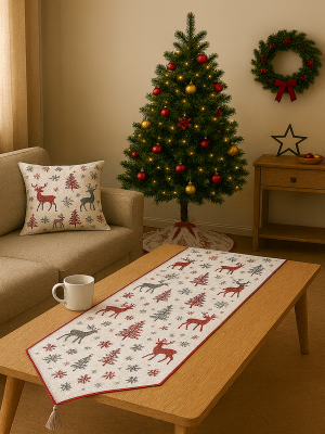 Yılbaşı Temalı Alpaka Kumaş Masa Runner, Geyik ve Çam Ağacı Motifli Masa Süsü (135 x 45 cm) - 2