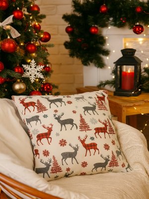 Yılbaşı Temalı Yastık Kılıfı, Geyik-Çam Ağacı Motifli Yastık Kılıfı - AnneeBakk