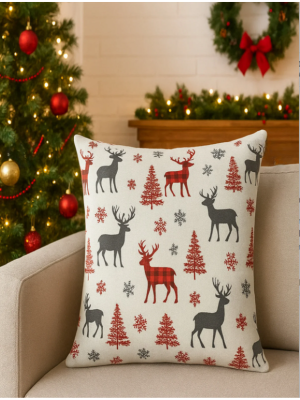 Yılbaşı Temalı Yastık Kılıfı, Geyik-Çam Ağacı Motifli Yastık Kılıfı - 2